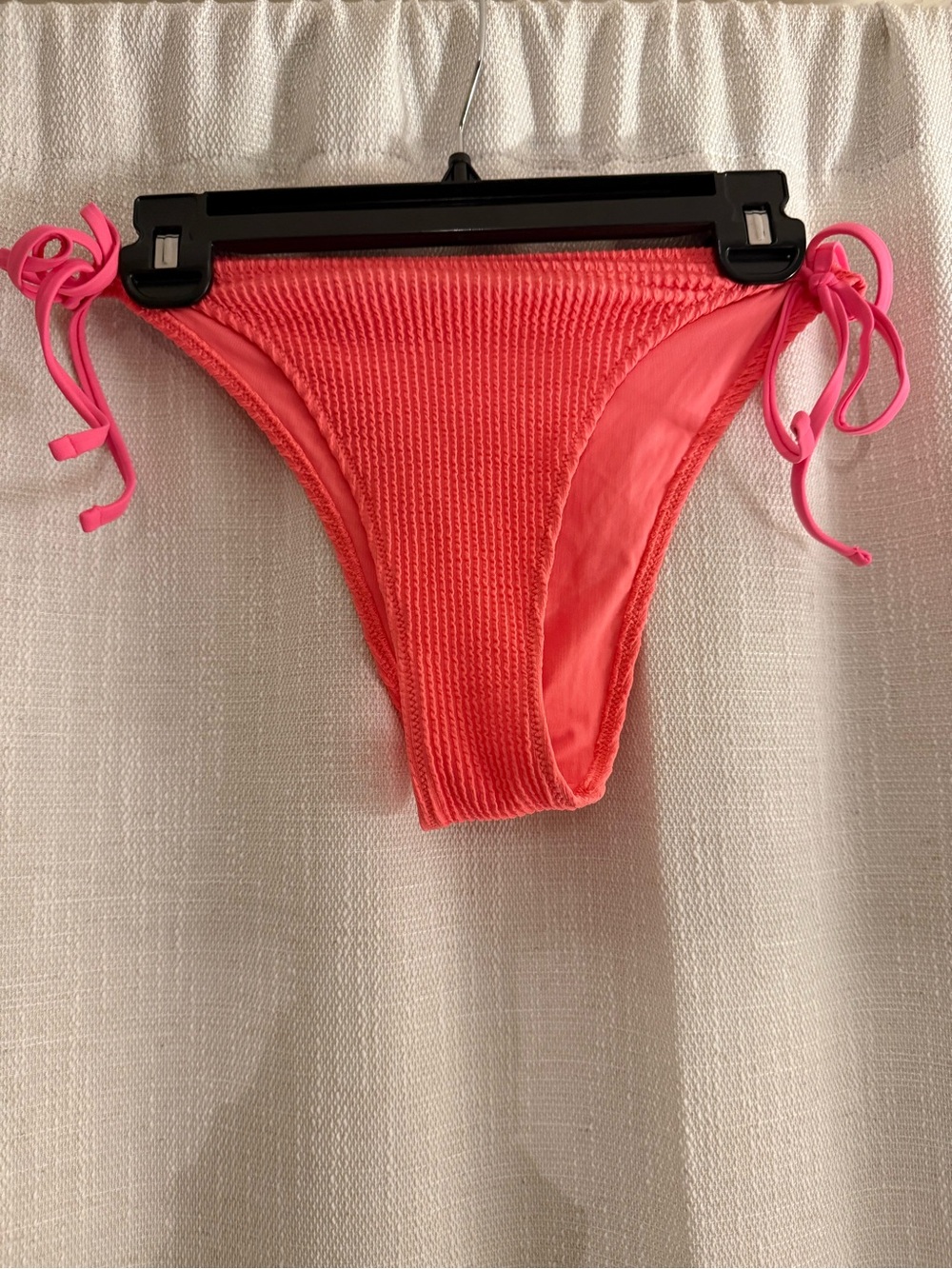 Aerie Crinkle Cheekiest Tie Bikini Bottom coral pink size L